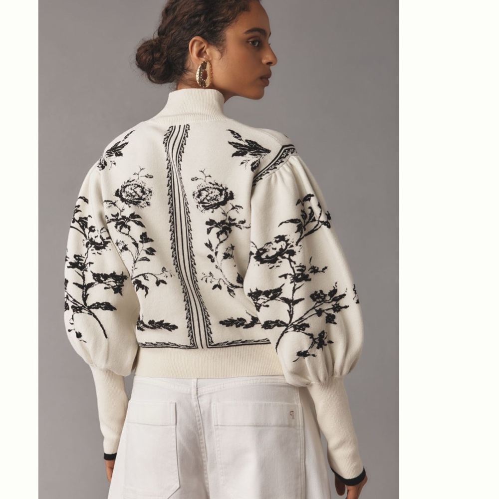 NWT Anthropologie Balloon-Sleeve Embroidered 3D Flowers Turtleneck Sweater - Picture 6 of 17